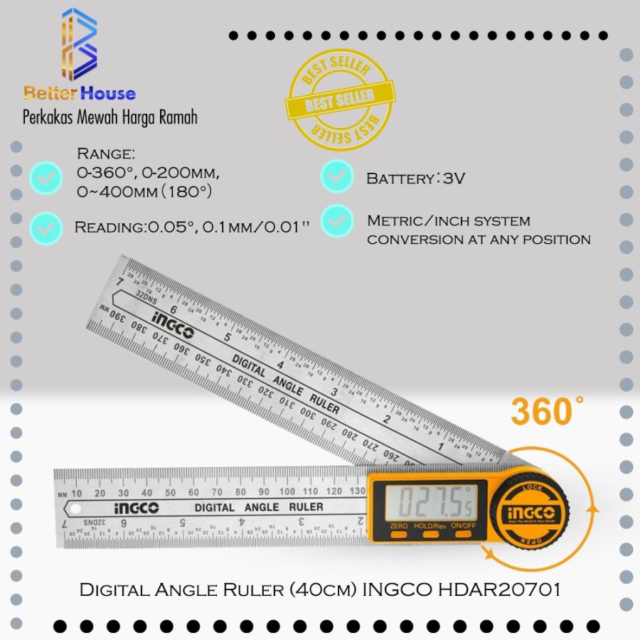 

Digital Angle Ruler (40cm) INGCO HDAR20701 Penggaris Sudut Siku Tukang flex