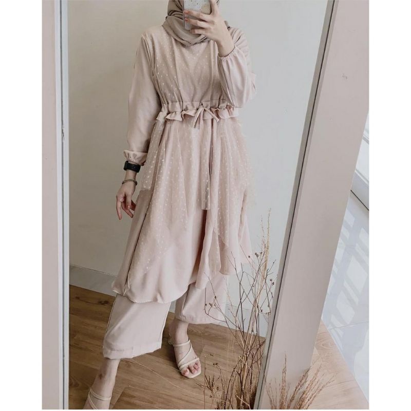 PRINCES ORGANZA SET TUNIK NADIN TUNIK TILEDOT SERUT + CELANA setelan baju wanita kemeja perempuan