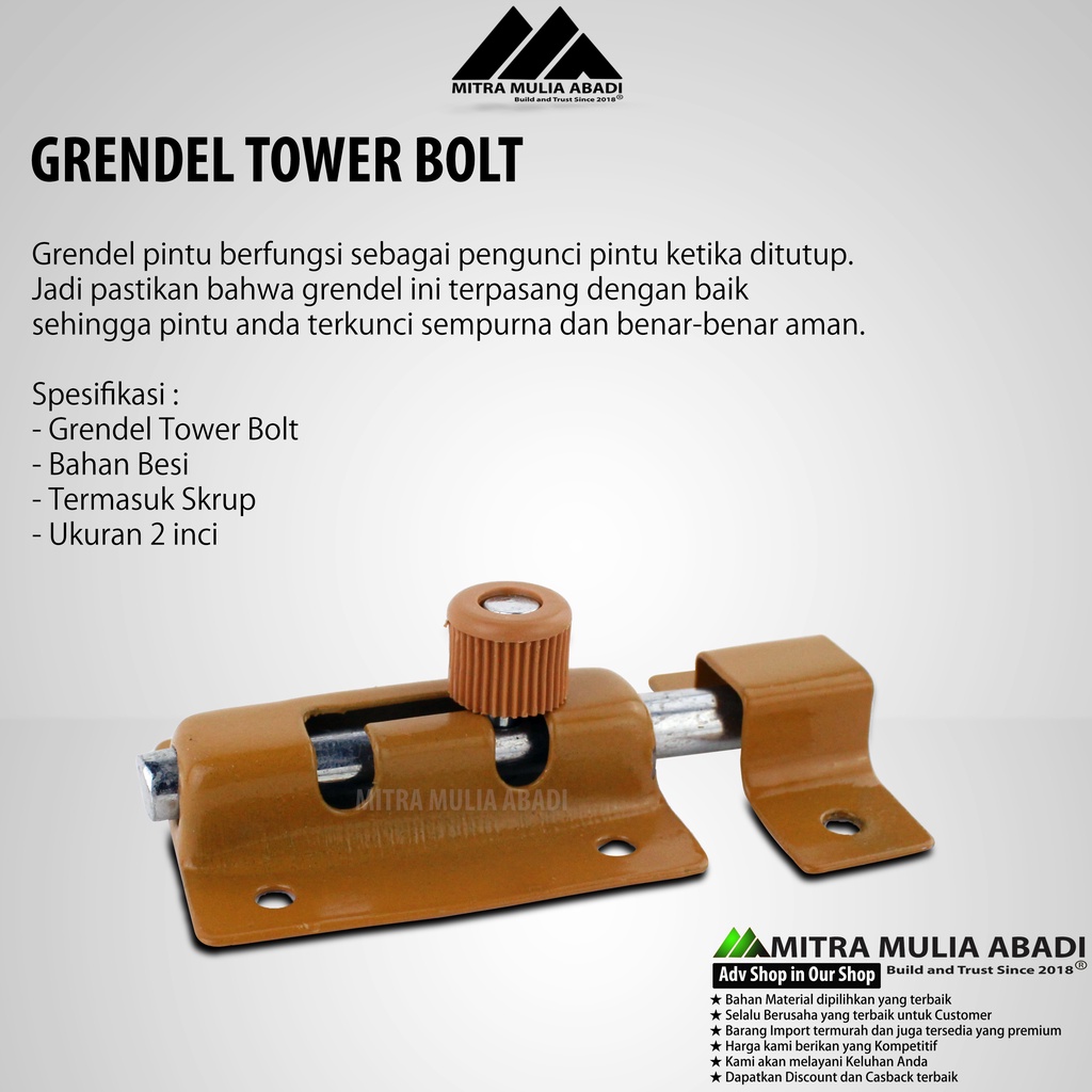 Grendel Tower Bolt VOC Slot Pintu Jendela 2 Inch / 5 cm l Skrup Baut (1) pcs