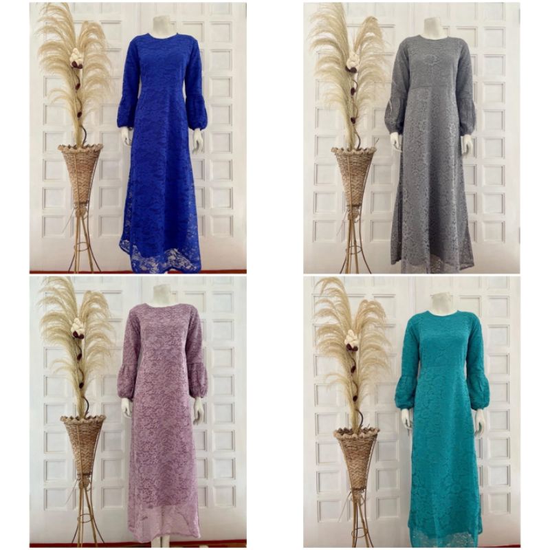 LONG MAXI DRESS PESTA WANITA ANDARA BROKAT FURING TANGAN BALON FIT LD 100 110 120