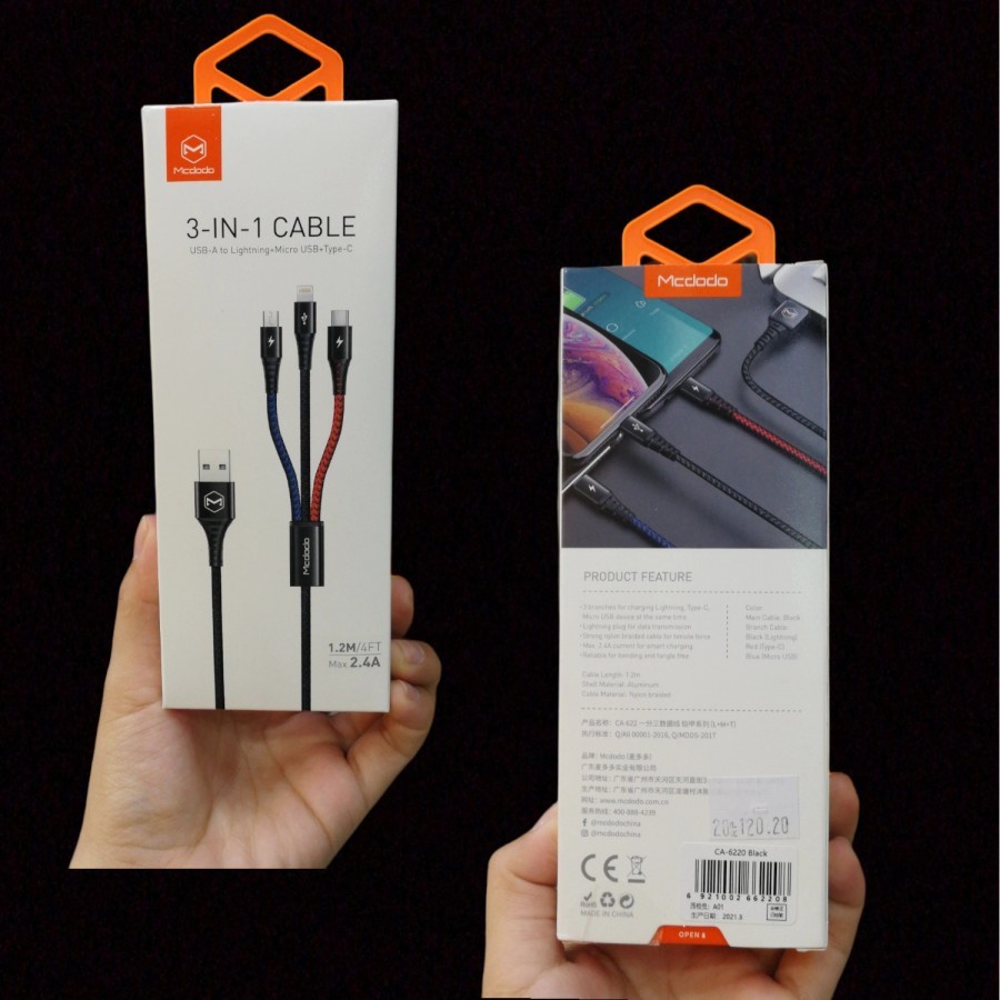 MCDODO CABLE DATA COLOUR 3 IN 1 FAST CHARGER TYPE-C + MICRO + IPHONE KABEL CASAN