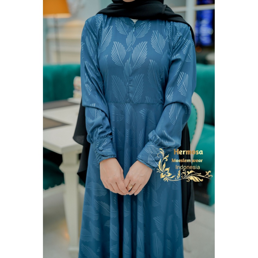 [Gamis Hermosa] Gamis hermosa embos motif daun tosca-gamis tosca-gamis embos biru tosca premium