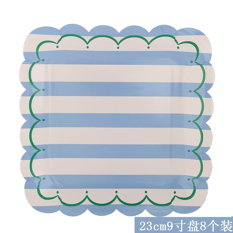 Blue Stripe Wave Trim Paper Plate Cup Disposable Tableware for Festival Party Supplies Home Decor