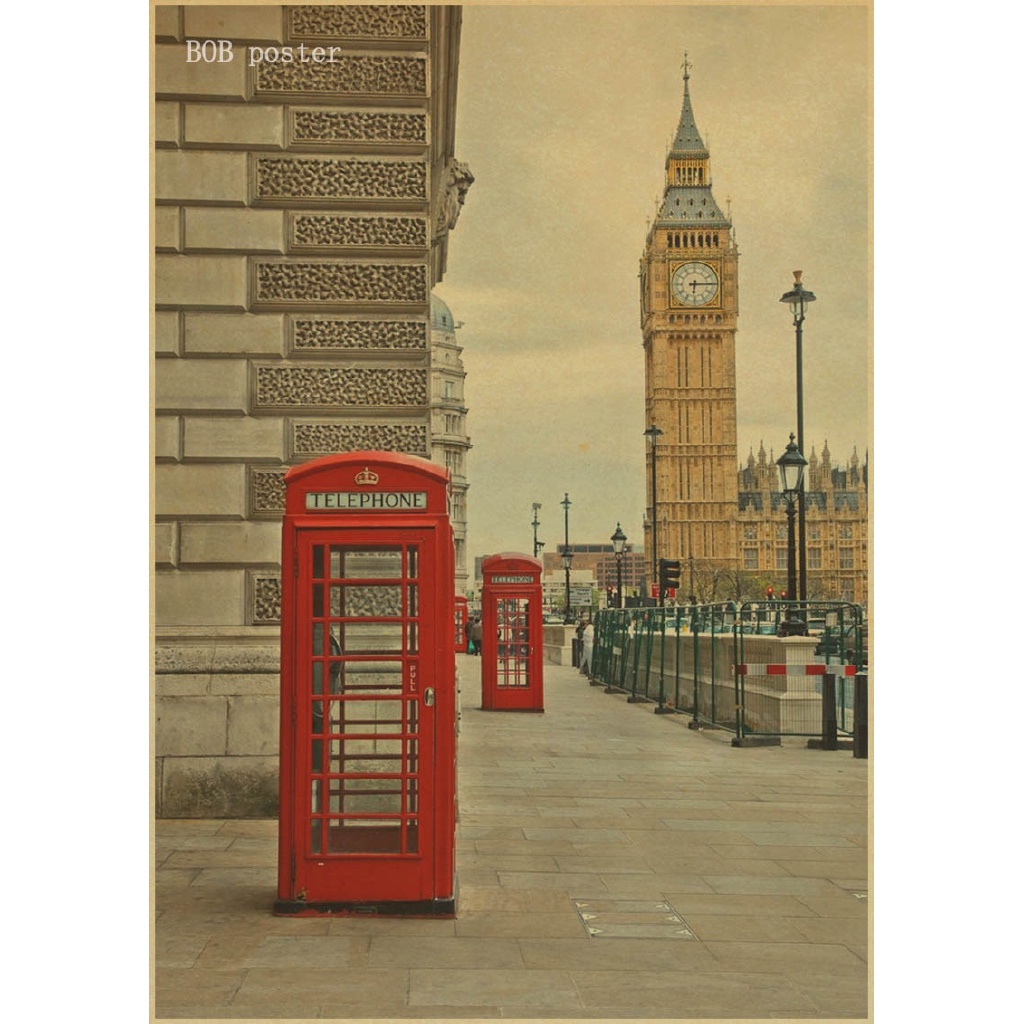 Poster Desain London Red Busses Dan Telepon Booths Gaya Retro Vintage Untuk Dekorasi Cafe Bar