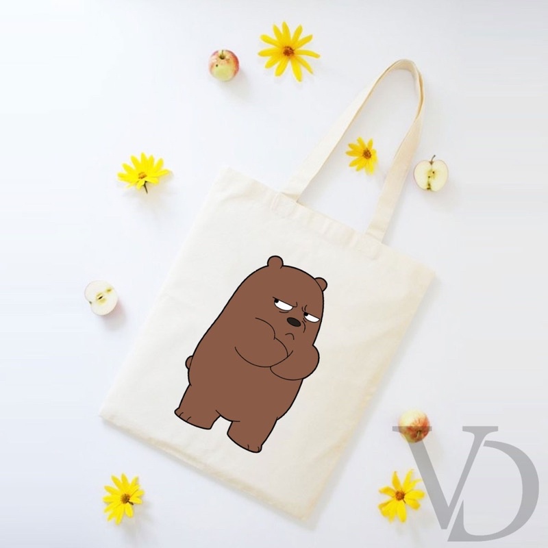 TOTE BAG BAHAN KANVAS GRIZZLY CUTE TOTE BAG / TAS BELANJA MOTIF KOREA