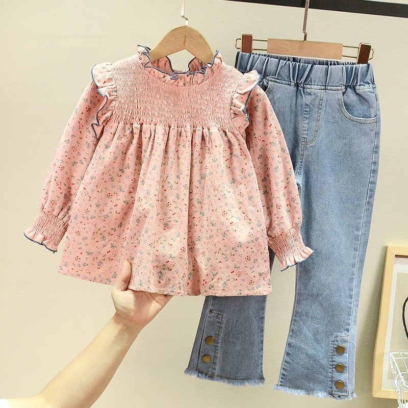 SSP34-Setelan Anak Perempuan Panjang Full Floral + Jeans Set