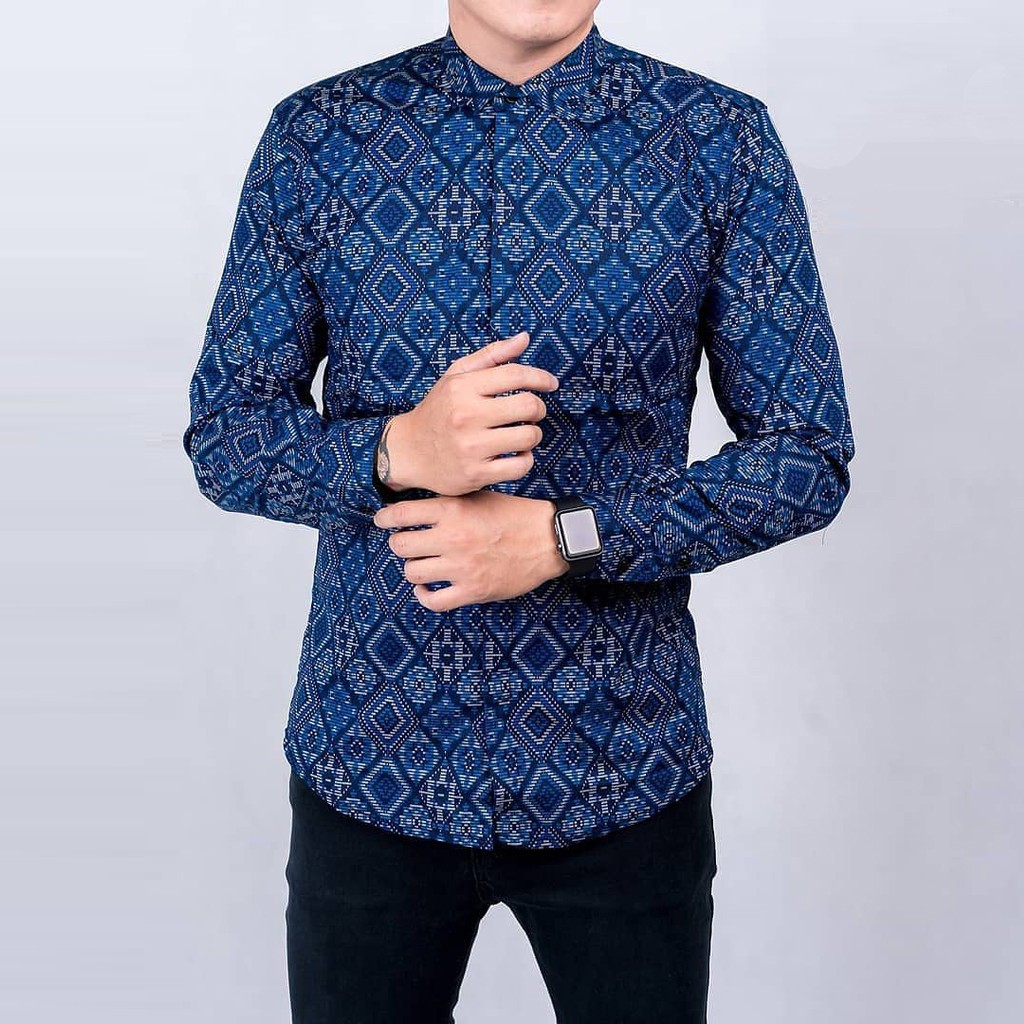 Jual Baju Batik Kemeja Batik Lengan Panjang Pria Songket Diamond Biru ...