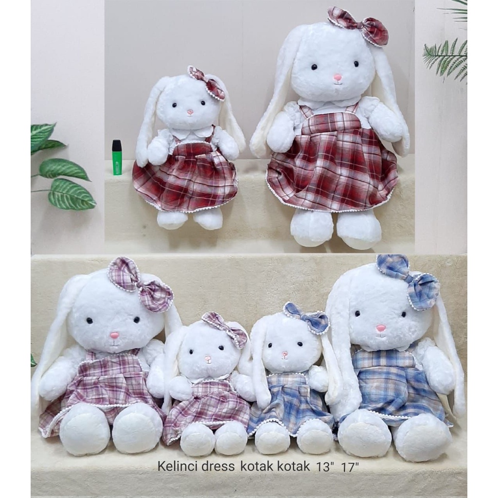 Boneka Kelinci Dress Kotak-Kotak Pita Rabbit Animal Bahan Lembut