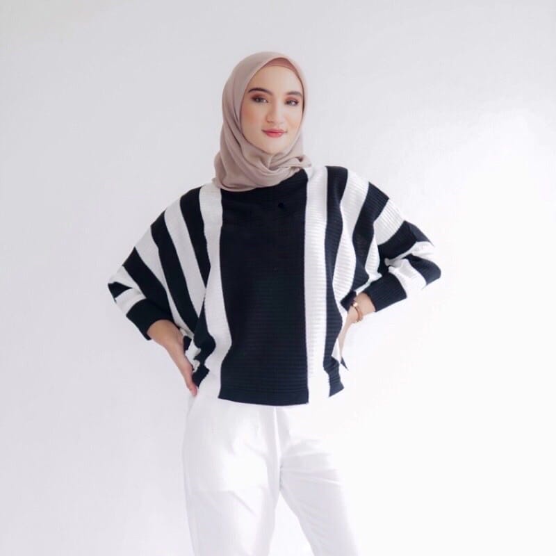 SWEATER BLOUSE ATASAN WANITA OVERSIZE JUMBO PREMIUM / RAJUT BATWING ZEBRA