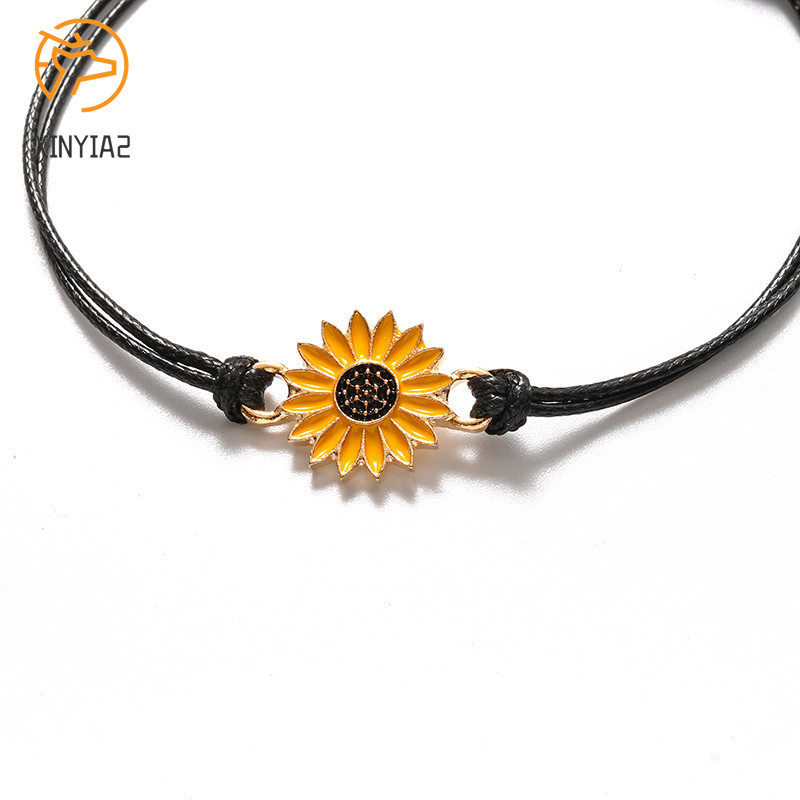 2 Pcs Korean Fashion Gelang Tali Ersahabatan Anyaman Krisan Bunga Matahari Fashion Wanita Korea Pria Couple Bracelet Daisy Hitam C3-3