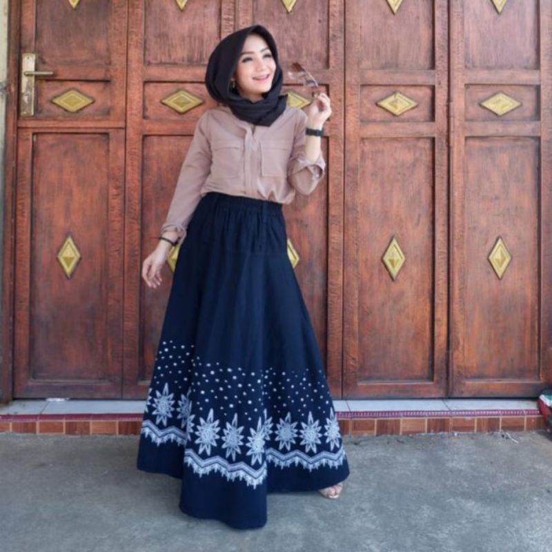 Rok jeans jumbo wanita rok payung motif rok panjang wanita denim