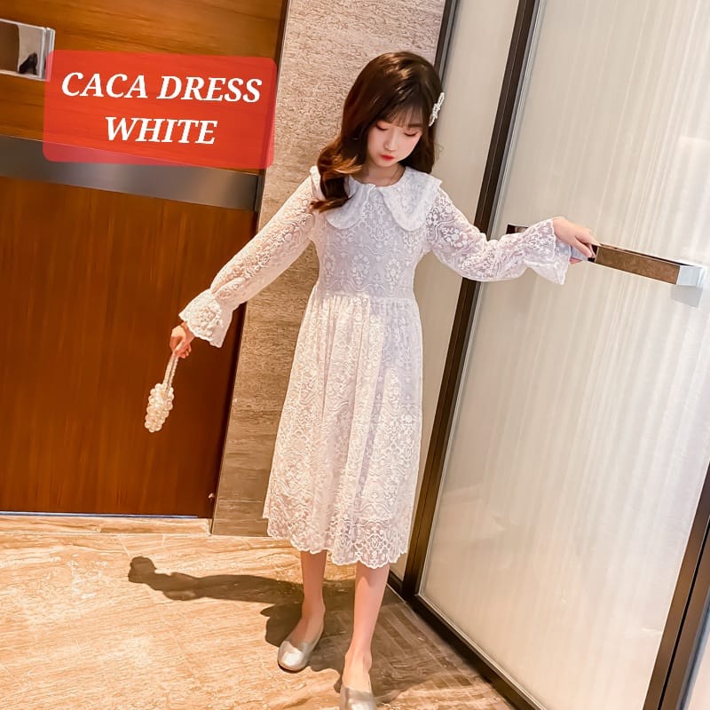 CACA DRESS WHITE GAUN PUTIH ANAK CEWEK KOREA IMPORT DRES KOMUNI ELEGAN