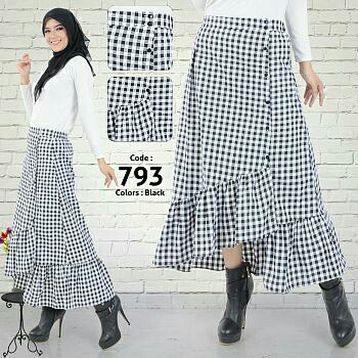 Rok panjang bahan katun motif kotak Amura Long skirt ruffle skirt 568