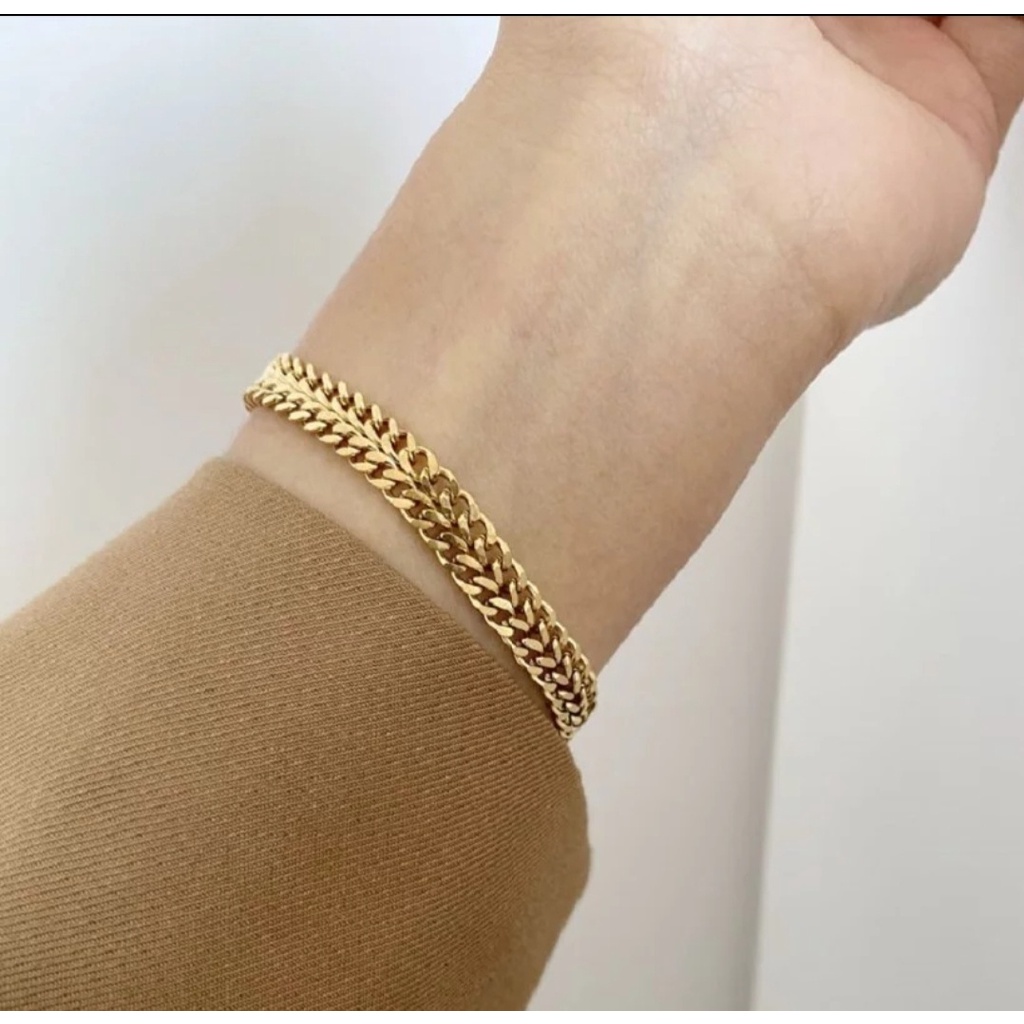Gelang Rantai Kuba Lapisan Ganda Warna Gold