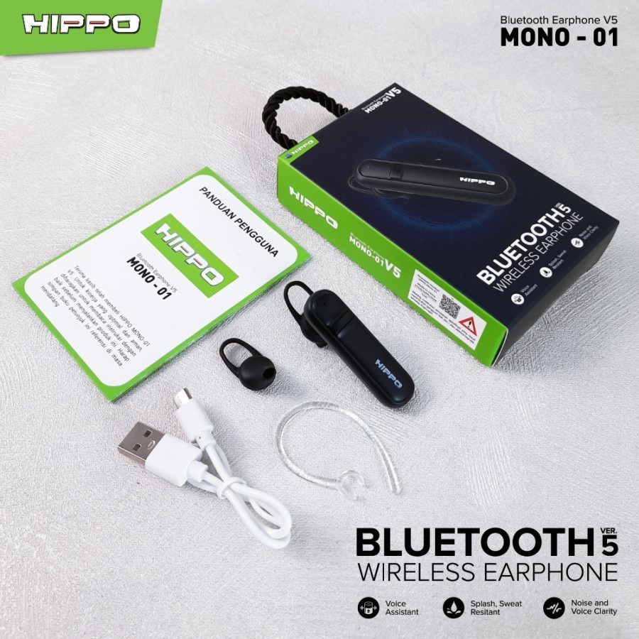 Hippo Single Handsfree Bluetooth V5 Mono 01 Headset Earphone Wireless Versi 5 Original Ori