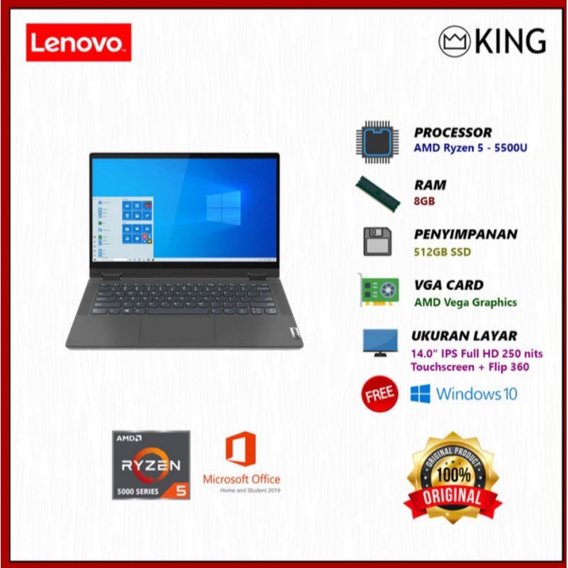 LAPTOP LENOVO IDEAPAD FLEX 5 RYZEN 5 5500 8GB 512SSD TOUCH FREE OFFICE HOME AND STUDENTS