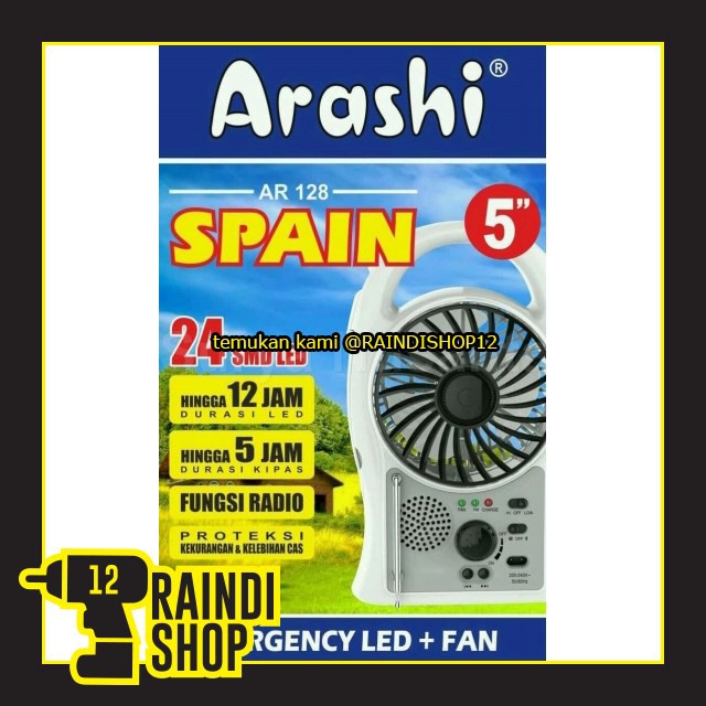WA1864 KIPAS ANGIN 5 INCHI + LAMPU LED + RADIO CAS ISI ULANG ARASHI SPAIN AR 128 BY RAINDI SHOP