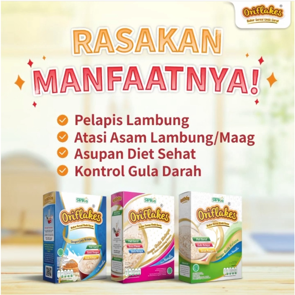 

(COD) Paket 5 box ORIFLAKES Sereal umbi garut 350 gr Oriflakes, Sereal, Cereal, obat asam lambung, obat maag, Nutriflakes, Freshmag, Granola