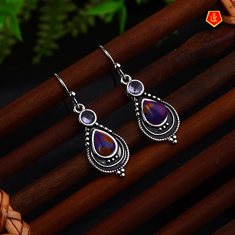 [Ready Stock]Vintage Silver Charoite Earrings Female Fashion Purple Turquoise