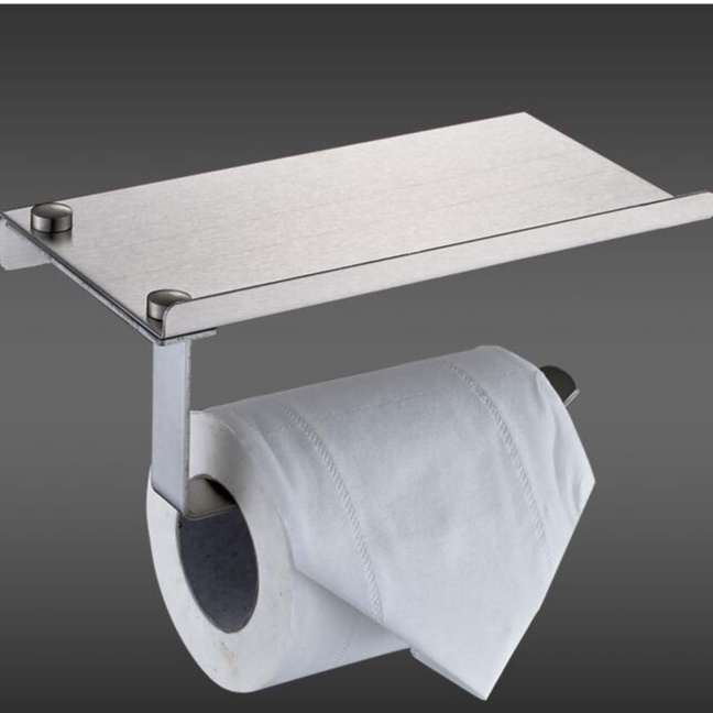 Holder tisu gulung roll tissue Wall Tembok dinding toilet WC Stainless Steel Anti karat Tahan lama dengan tatakan kecil  untuk barang HOUSEEN Gantungan Tempat Tisu Toilet Stainless Steel H226 Warna Silver Wall Mount Toilet Paper Holder with Phone Shelf