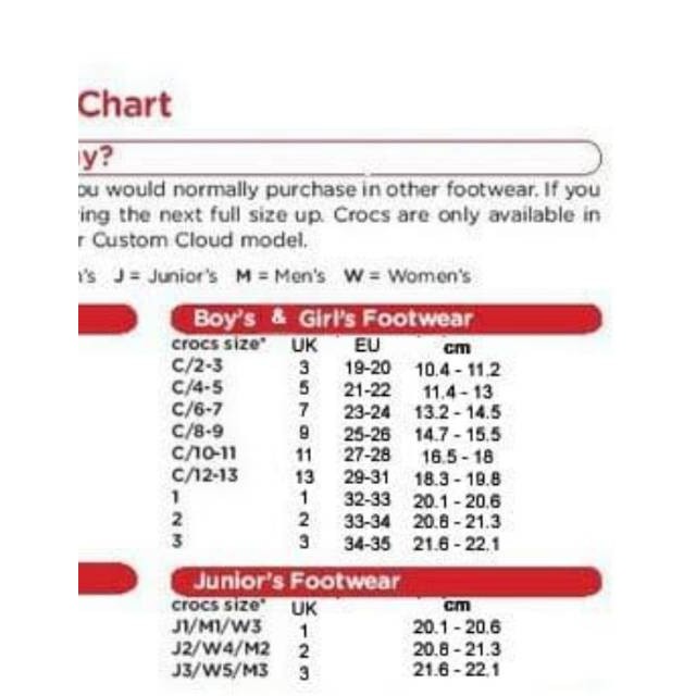 j2 crocs size in cm