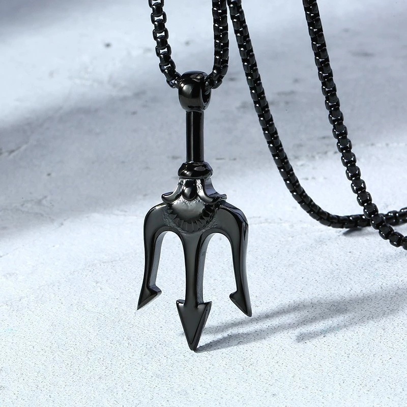 Kalung Rantai Klavikula Liontin Trident Bahan Stainless Steel Metal Gaya Punk Hip-Hop Untuk Pria