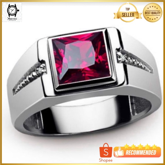 Cincin Batu Red Ruby Cubic Zirconia Rubi Merah Ring Warna Perak Minimalis Kantoran