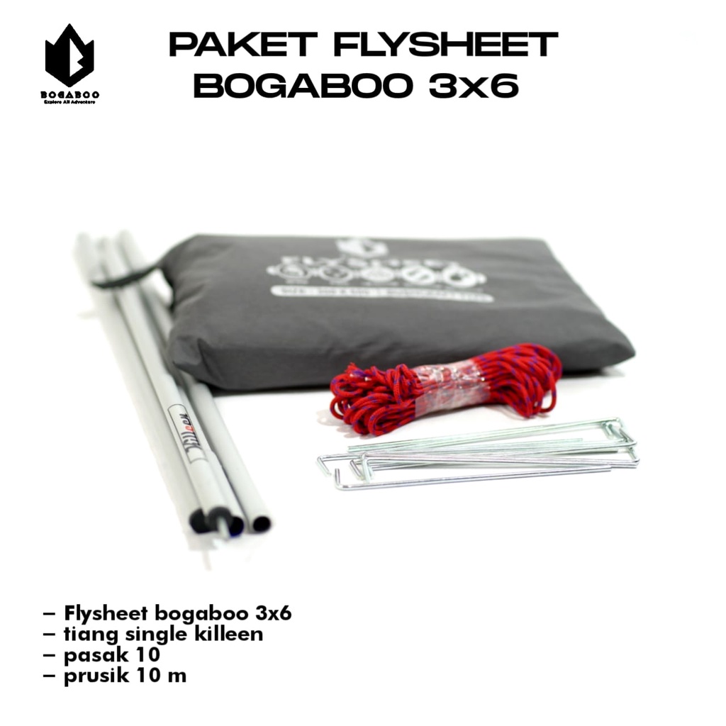 Bisa (COD) PAKET Tiang Single Killeen + Flysheet 3X6 merk bogaboo + Tali Perusik 10 M + Pasak 10Pcs