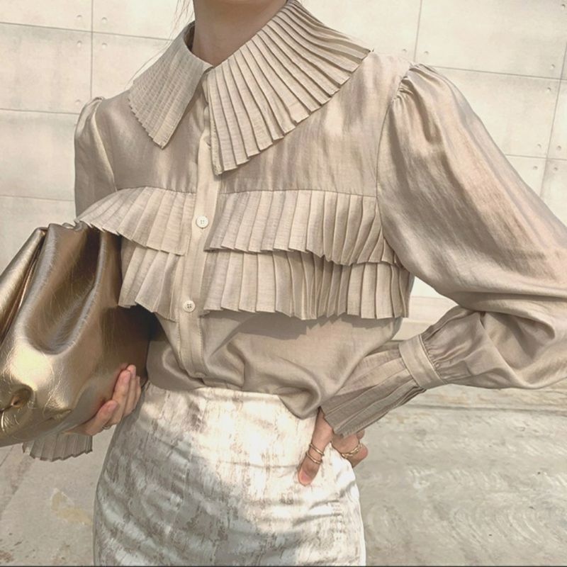 2080 Baju Atasan blouse kemeja lengan panjang kerah plisket import cewek Korea Kekinian baju kemeja 