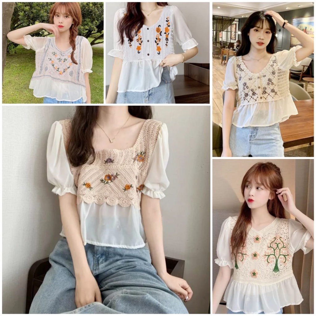 (COD) OH Fashion Korean Blouse Rajut Bordir Lengan Pendek