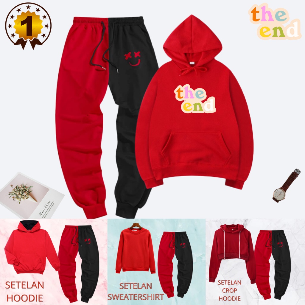 JBF 1 Stel Baju Wanita Remeja Set Hoodie Sablon Premium DTF The End Dan Celana Panjang Jogger