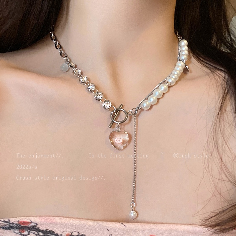 Kalung Rantai Choker Liontin Hati Hias Mutiara Kristal Warna Silver Untuk Wanita