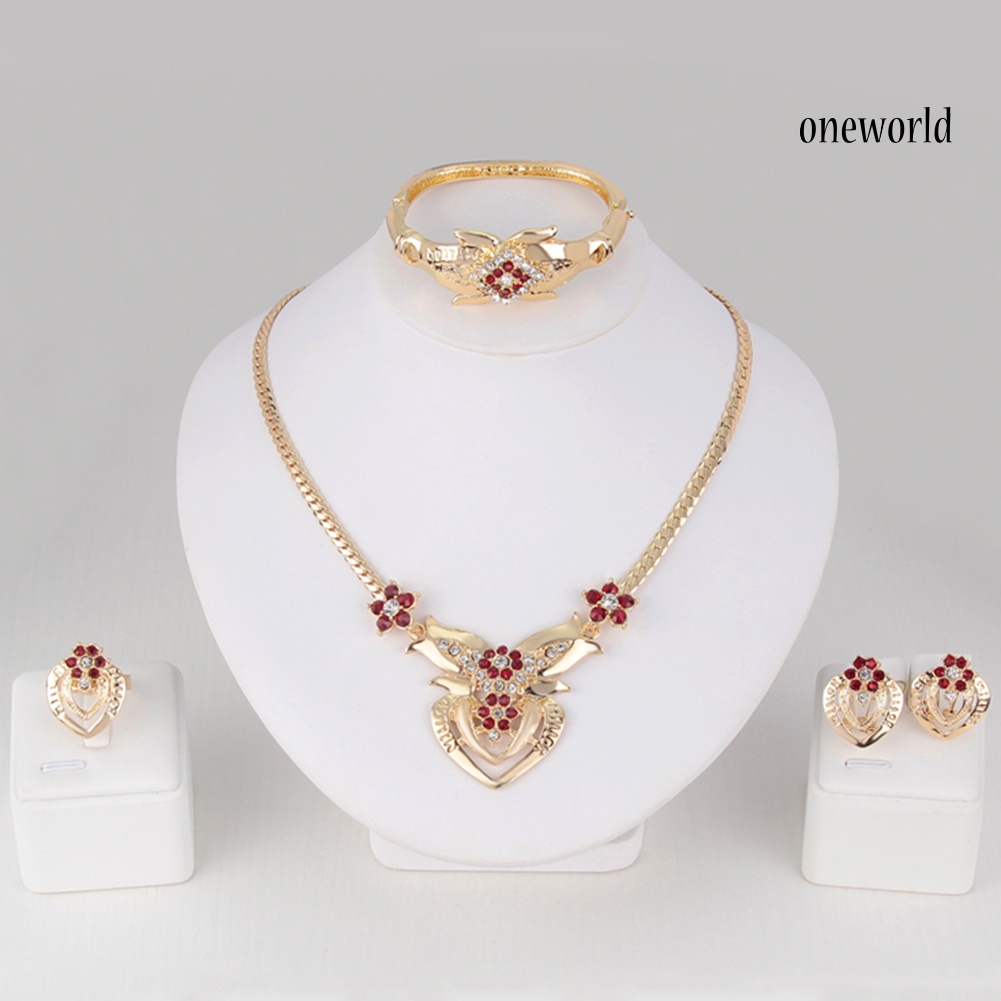 OW@ Women's Wedding Flower Rhinestone Ring Earrings Necklace Bracelet Jewelry Set
