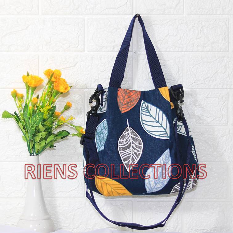 RIENS COLLECTIONS. SLING BAG TAS SELEMPANG KANVAS MOTIF DAUN NANGKA BIRU SBC02071