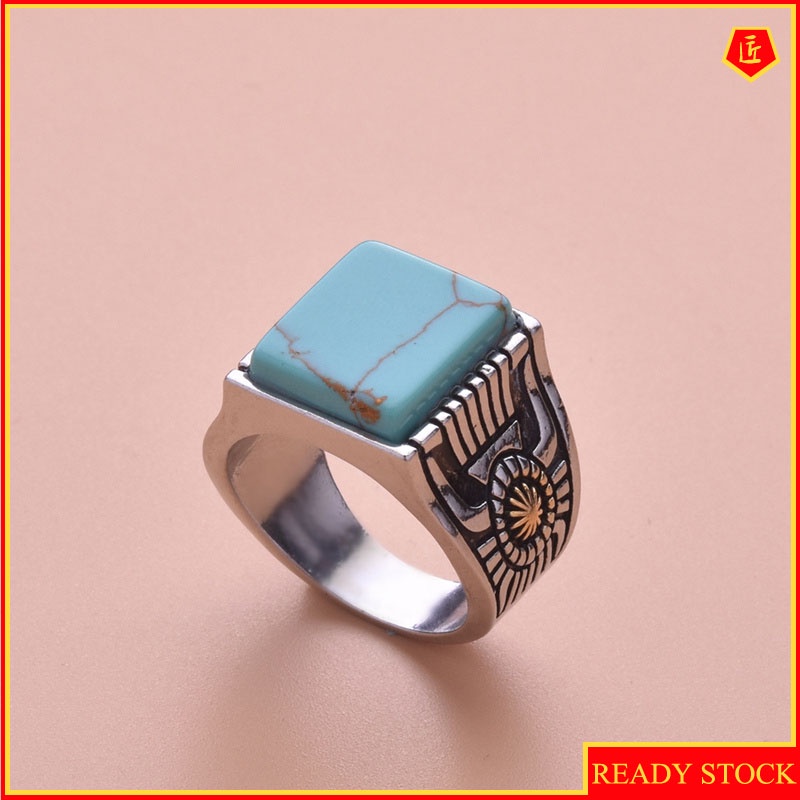 [Ready Stock]Inlaid Square Turquoise Sunflower Ring 18K Gold Color Separation Fashion Personality