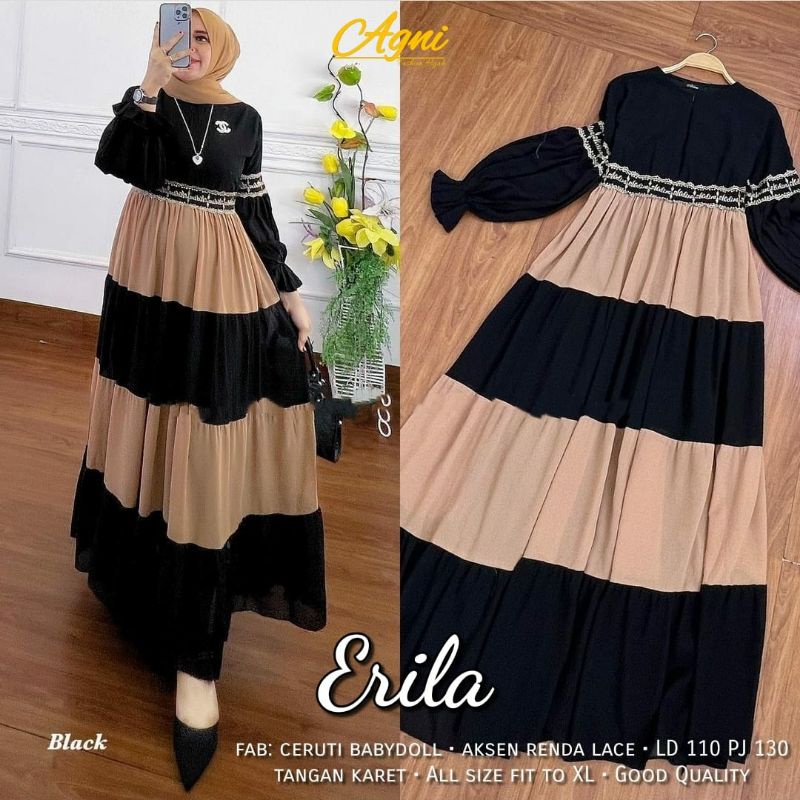 Erila Dress Gamis Muslim Premium Ceruty Two Color Full Puring Mix Renda Brukat Ld 110 Fit S - XL Tia