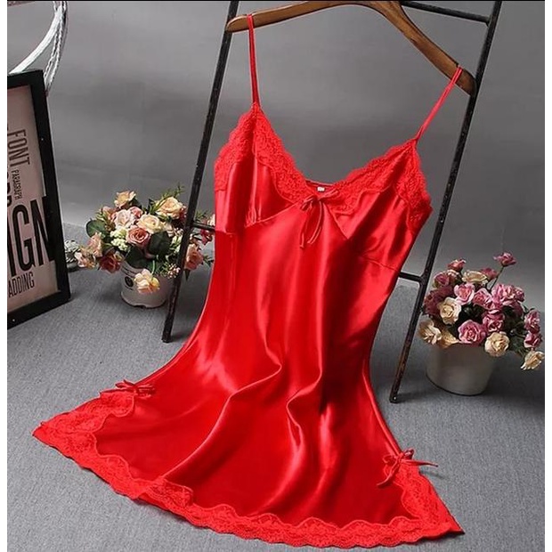 *Alibaba* Set Baju Tidur Wanita Lingerie Sexy Bahan Satin Tanpa Lengan-MERAH