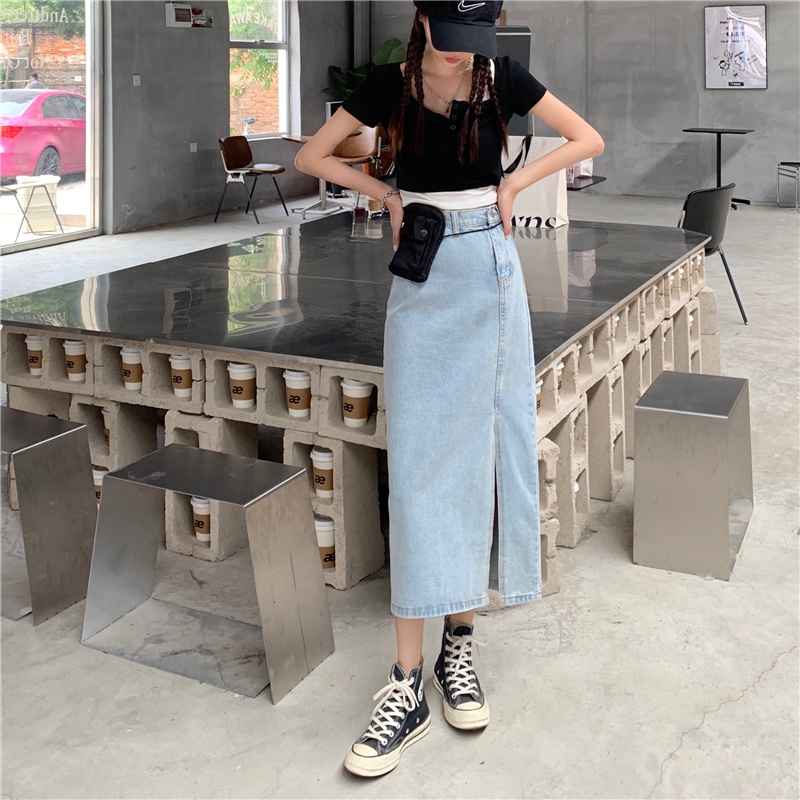 rok denim pinggang tinggi rok midi korea style high waist retro rok a-line