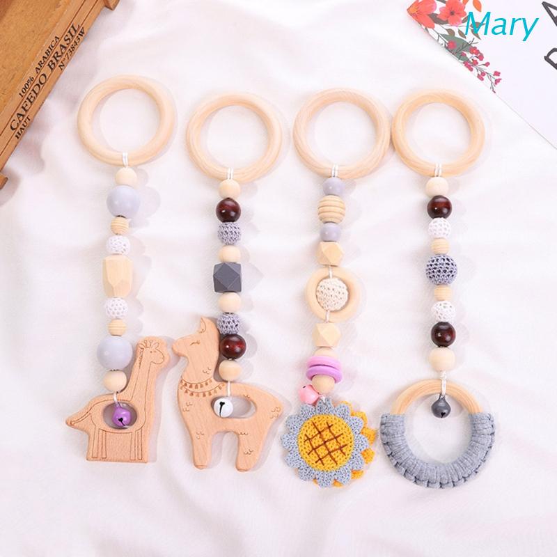 Mary 4pcs / Set Mainan Rattle / Teether Gantung Dengan Frame Kayu Untuk Stroller Bayi