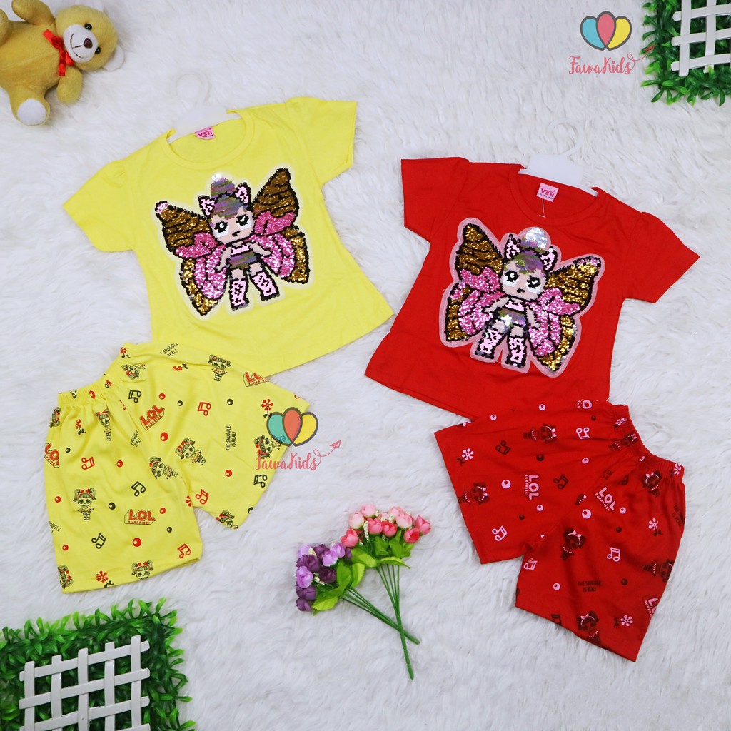 Setelan Queena uk 1-6 Tahun / High Quality Baju Anak Perempuan Kaos Usap Karakter Lengan Pendek Cewe