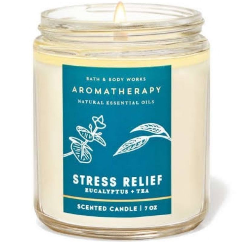 BATH &amp; BODY WORKS BBW AROMATHERAPY STRESS RELIEF EUCALYPTUS TEA MADE WITH ESSENTIAL OILS WHITE BARN 1 SINGLE WICK SCENTED CANDLE 198 G PENGHARUM RUANGAN