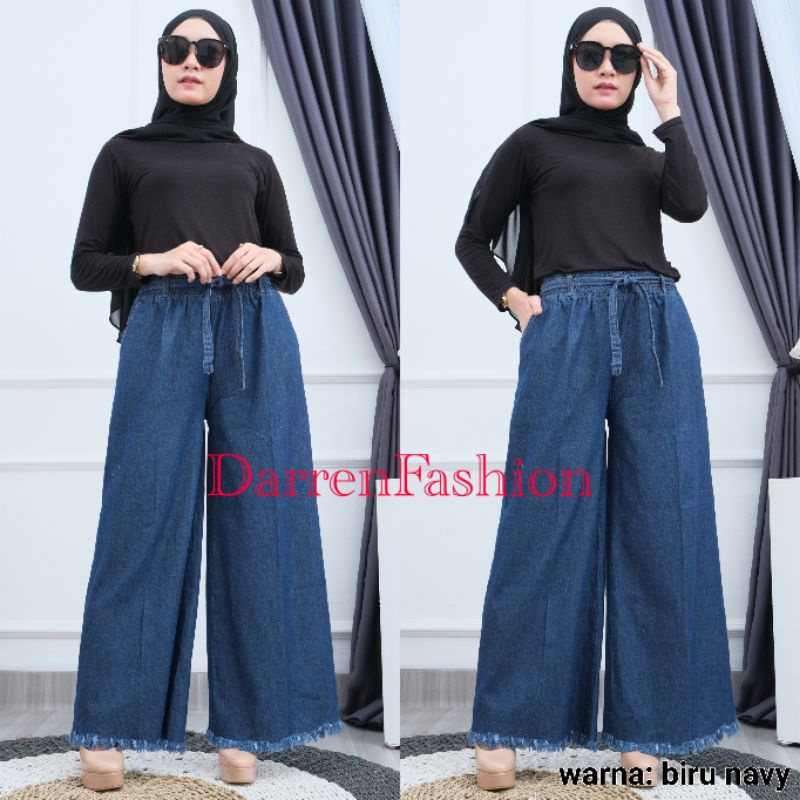 Celana Panjang Kulot Jeans Denim Rawis Wanita