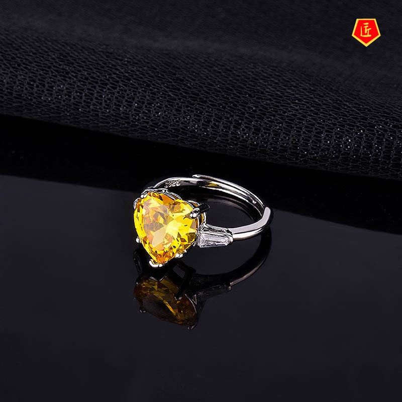 [Ready Stock]Inlaid Heart-Shaped Yellow Diamond Ring Classic Personality