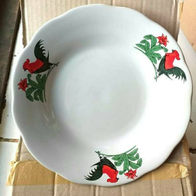 1 pcs )Piring makan keramik AYAM JAGO  piring keramik gambar ayam murah uk 8&quot;