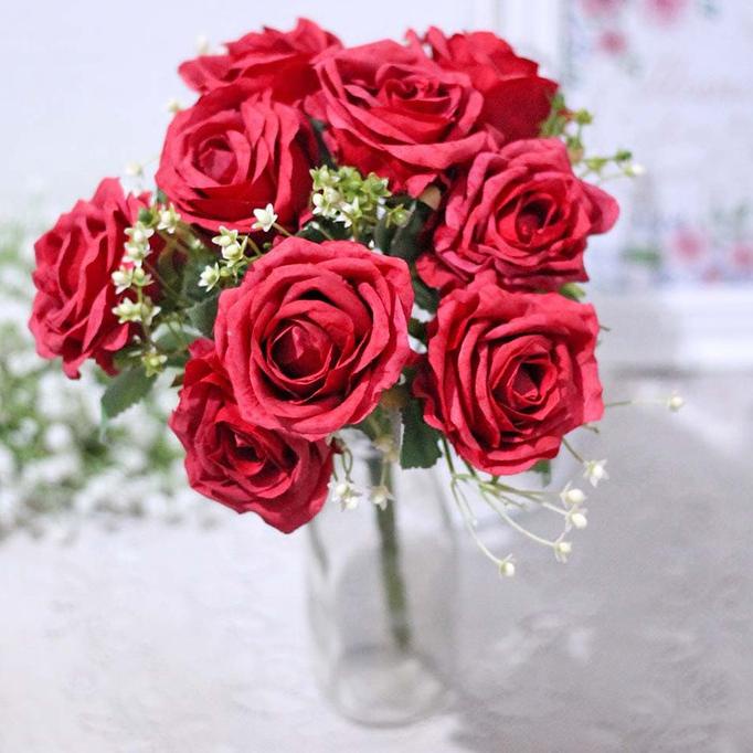 bunga plastik hiasan artificial flower rose mawar PREMIUM MERAH