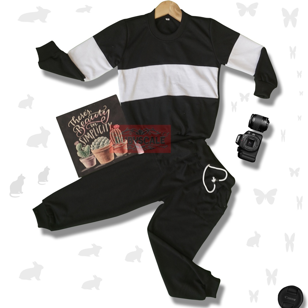 BAJU ANAK SETELAN SWEATER TRENING TRAINING JOGGER OLAHRAGA LAKILAKI/PEREMPUAN 5-10 thn-HITAM STRIP