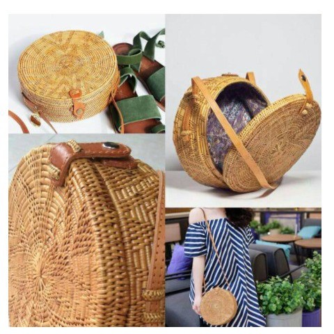 TAS ROTAN ATE BALI BULAT KANCING KLIP KULIT