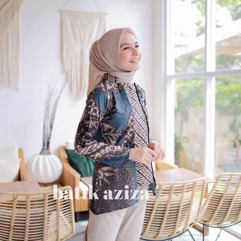 atasan batik wanita lengan panjang motif sekar jagad by batik aziza-Blus Sekar Biru