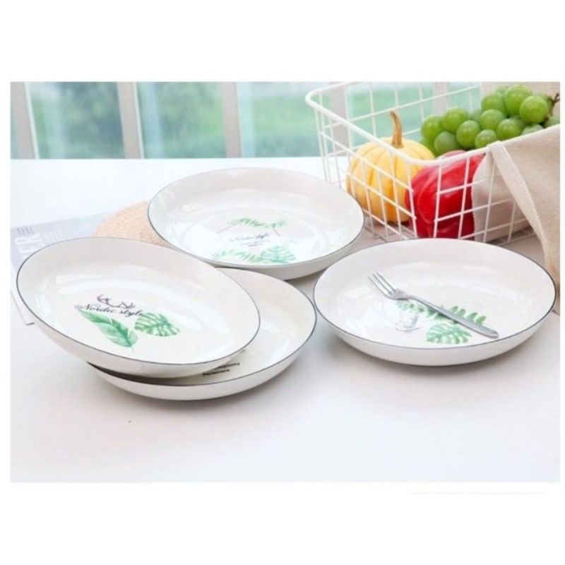 set piring makan keramik 4 pcs motif daun
