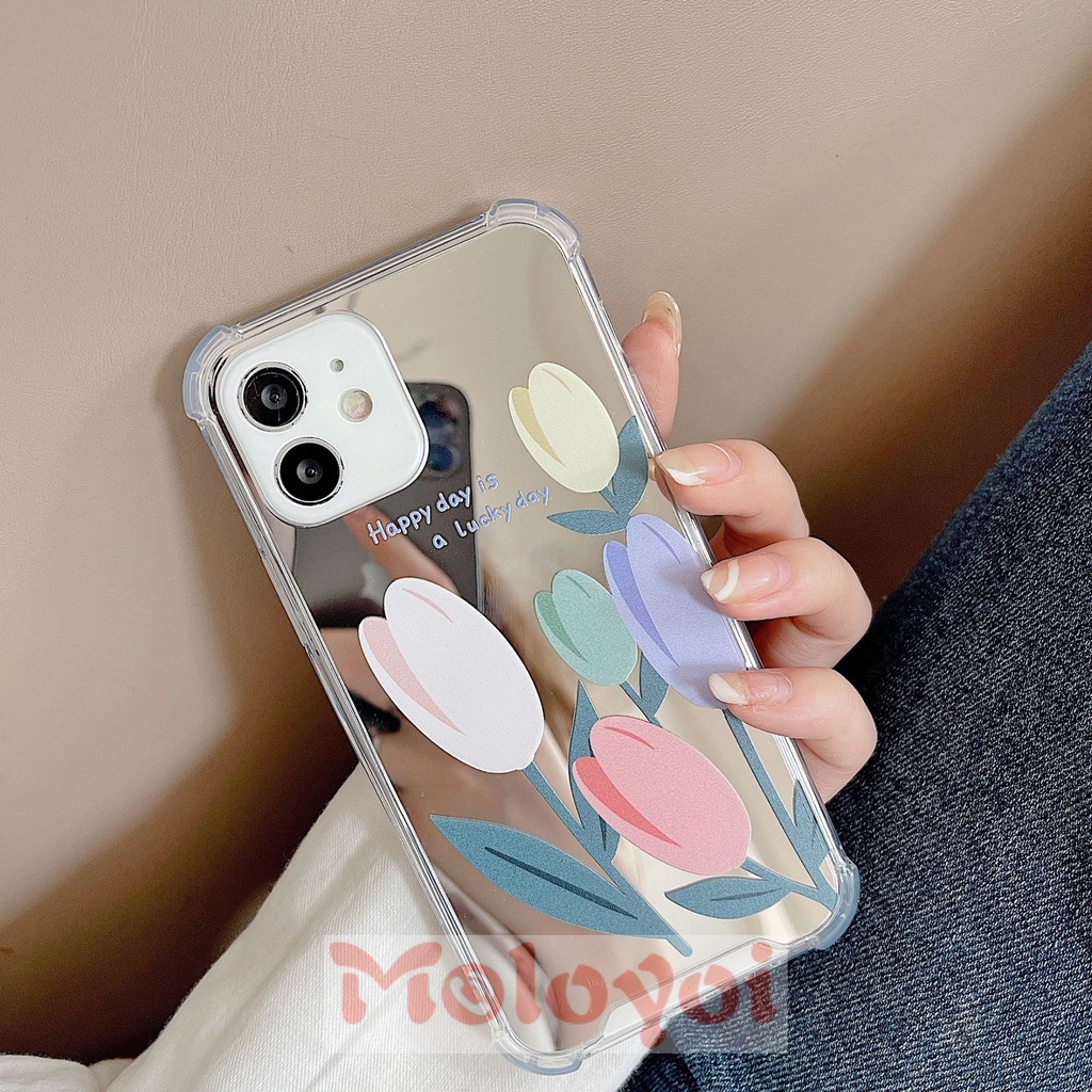 Soft Case Tpu Motif Bunga Tulip Dengan Cermin Untuk IPhone 11 Pro Max 7 8 13 11 12 Pro Max 7 Plus 8 Plus X XS Max XR SE 2020